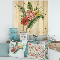 Designart 'Flowers Bouquet With Protea Plumeria Hibiscus' tradicionalni Print na prirodnom borovom drvetu