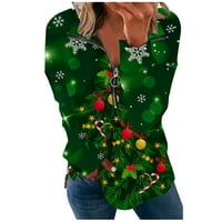 Božićne dukseve za žene zip up v rect modni novost sjajno Xmas Tree Ispis rever dugih rukava ružnog džemper