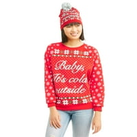 Juniors ' Baby It's Cold Outside w Beanie 2fer Ugly Christmas džemper