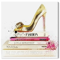 Wynwood Studio Moda i Glam Wall Art Canvas Otisci 'Zlatne cipele i modne knjige' - Zlato, Pink