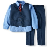 Plavi Mini karirani prsluk sa košuljom, odgovarajuće pantalone i odjeća za kravatu sa psećim printom, Set
