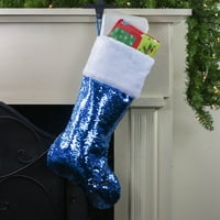 Northlight 22.75 nebesko plava i srebrna reverzibilna Božićna čarapa sa šljokicama sa Fau krznenom manžetnom