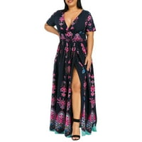 Lenago ženske plus veličine V-izrez Split Hem cvjetni print pune labave haljine za zabavu