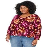 Sofia Jeans by Sofia Vergara Plus Size Print Top with Puff Sleeves