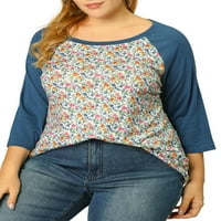 Unique Bargains ženska Plus Veličina Floral Scoop vrat Raglan rukavi T-shirt Blue 4X