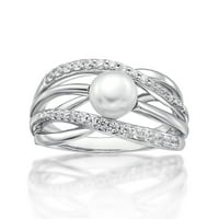 Brilliance Fine nakit srebra slatkovodni biser sa simuliranim bijelim dijamantom Criss Cross Ring