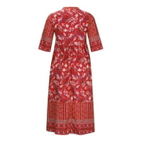 Ležerne haljine za žene Boho V-izrez s dugim rukavima od tiskanog crvenog l