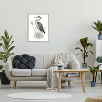 Stupell Industries Mirful Heron Bird stoji usred divlja travna grafika Umjetnost Siva uokvirena umjetnost