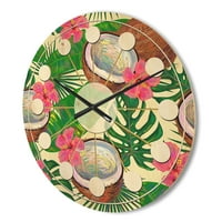Designart 'tropical Jungle Flowers and Cooconut' Mid-Century Modern Wood Wall Clock