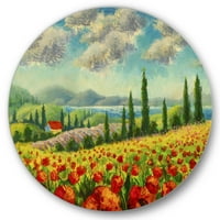 Designart 'predivan krajolik sa makovim cvijećem od Riversidea' tradicionalni krug metalni zid Art-disk od