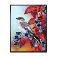 Designart 'Close Up Little Gray Bird On Red Autumn On Blueberry Twig' Tradicionalni Uramljeni Platneni Zidni