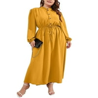 Ležerni postolja Ogrlica linijska haljina s dugim rukavima senf žute plus haljine