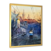Plavi tramvaj na zalasku sunca sa crkvom za vrijeme zalaska sunca Cityscape uokvireno slikanje platno Art