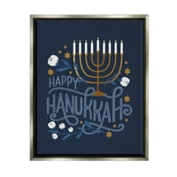 Sretna Hanuka Tradicionalni Menorah Simboli Za Odmor Grafička Umjetnost Sjaj Siva Uokvirena Umjetnost Print