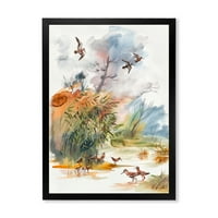 Designart' Flying Over The Water With Autumn Landscape ' Tradicionalni Uokvireni Umjetnički Print