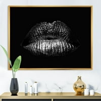Designart 'Sexy Golden Metalized Woman Lips I' Modern Framed Canvas Wall Art Print