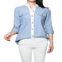Ženski prugasti rukav sa manžetnom postoljem ovratnik Casual Shirt XS Blue