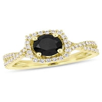 1-karatni T. W. crno-bijeli dijamant 14kt Crossover oreol zaručnički prsten od žutog zlata