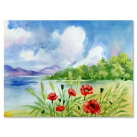 Crveni Tulipani Na Obali U Blizini Umjetničke Grafike Na Platnu Rijeke Planine