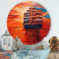 Designart 'Frigat tokom crvene večeri sjaj na okeanskom horizontu' Nautički i obalni krug metalni zid Art-disk