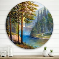 Designart 'Sunrise Glow Through the Bor & Fir Forest' Lake House Circle Metal Wall Art-disk of 29