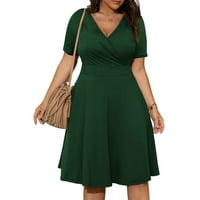 FINELYLOVE PLUS Veličine haljine za žene Flowy Ljetna haljina za žene V-izrez Čvrsti kratki rukav boho zeleni