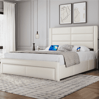 Easyfashion tapacirana platforma Queen krevet sa fiokama za odlaganje i ugrađenim USB portovima, bež