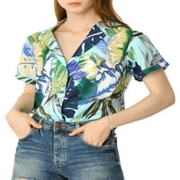 Unique Bargains Junior's Beach Floral Leaves Button Down Shirt