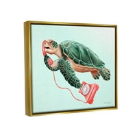 Stupell Industries zelena morska kornjača plivanje crveni rotacioni Telefon grafička Umjetnost metalik zlato plutajuće uokvireno platno print zid Art, dizajn Amelie Legault