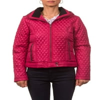 Pink Platinum Junior Plus Size Dijamantska prošivena Polifilna jakna sa kapuljačom i pletenom kragnom