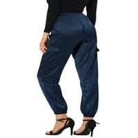 Unique Bargains ženske elastične satenske kargo pantalone sa visokim strukom