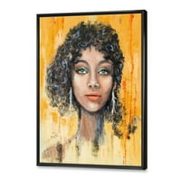 Designart 'Girl Face With Green Eyes & Black Hair Impression' Modern Framered Canvas Wall Art Print
