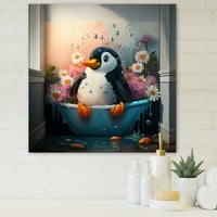Designart Silly Penguin kupanje sa Blooming Flowers III platno zid Art