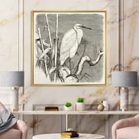 Designart 'mala čaplja u monohromu' seoska kuća uokvirena platnenim zidom Art Print