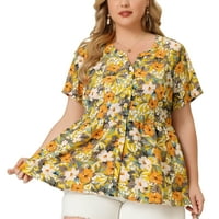 Unique Bargains Juniors ' Plus Size Bluza Sa Cvjetnim Dugmetom Na Dolje Casual Peplum Top